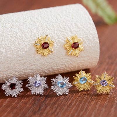 S925 Sterling Silver Stud Earrings with Natural Garnet Tanzanite and Topaz Gemstones S925 Sterling Silver Stud Earrings with Natural Garnet Tanzanite and Topaz Gemstones